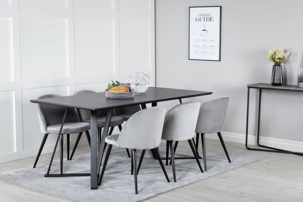 MarinaBLBL matgrupp  svart och 6 Velvet matstola velour ljusgrått.