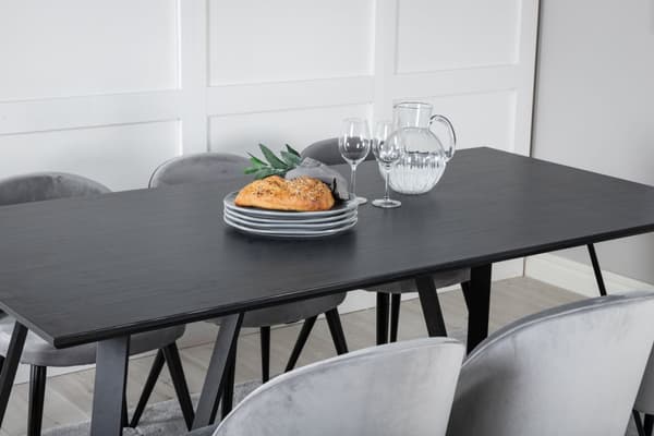 MarinaBLBL matgrupp  svart och 6 Velvet matstola velour ljusgrått.