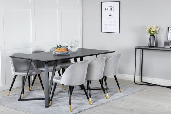 MarinaBLBL matgrupp  svart och 6 Velvet matstola velour ljusgrått.
