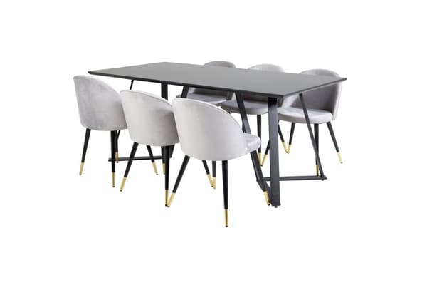 MarinaBLBL matgrupp  svart och 6 Velvet matstola velour ljusgrått.