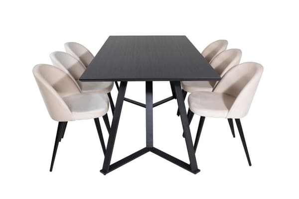 MarinaBLBL spisebordssæt spisebord sort og 6 Velvet stole velour beige, sort.