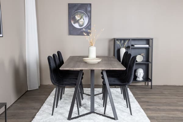 MarinaGRBL matgrupp  el träd dekor grå och 6 Polar Diamond matstola velour svart.