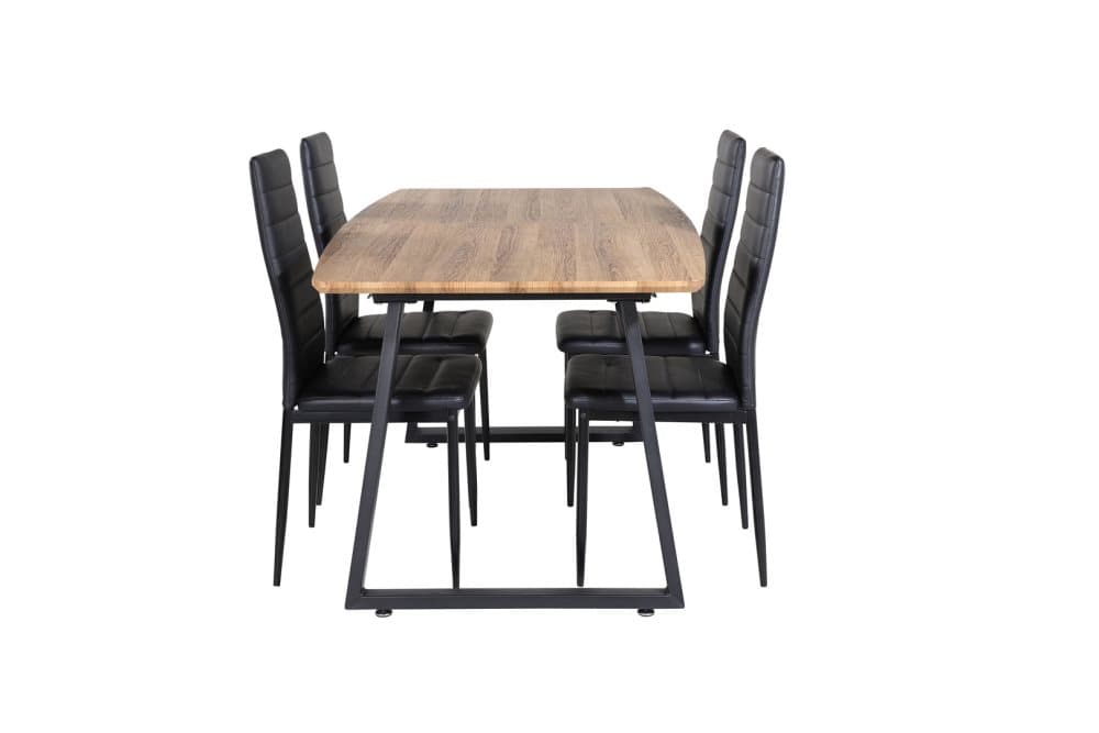 IncaNABL matgrupp matbord utdragbart bord längd cm 160 / 200 el träd dekor och 4 Slim High Back matstola PU konstläder svart.