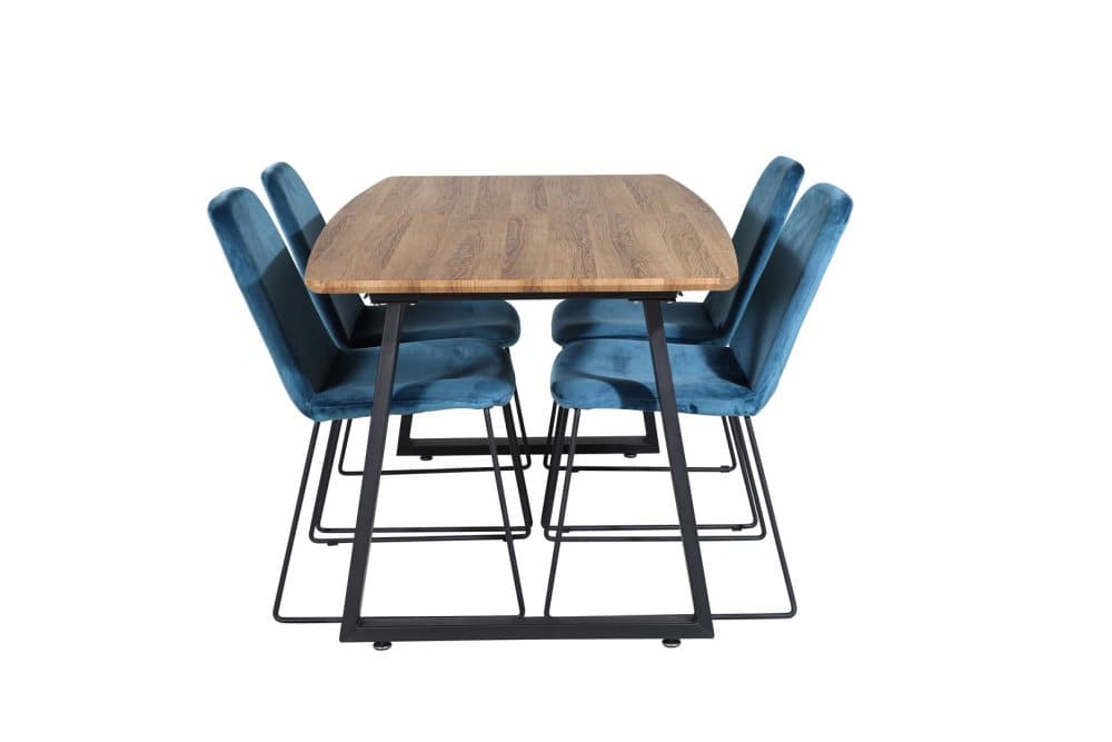 IncaNABL matgrupp matbord utdragbart bord längd cm 160 / 200 el träd dekor och 4 Muce matstola velour blå.