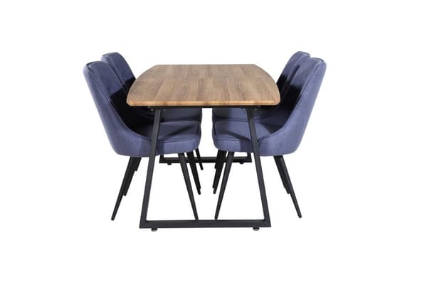 IncaNABL spisebordssæt spisebord  udtræksbord længde cm 160 / 200 elletræ dekor og 4 Velvet Deluxe stole blå, sort.