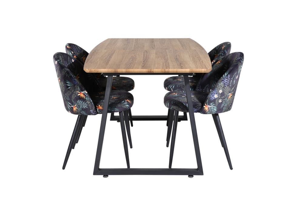 IncaNABL matgrupp matbord utdragbart bord längd cm 160 / 200 el träd dekor och 4 Velvet matstola velour blommig.