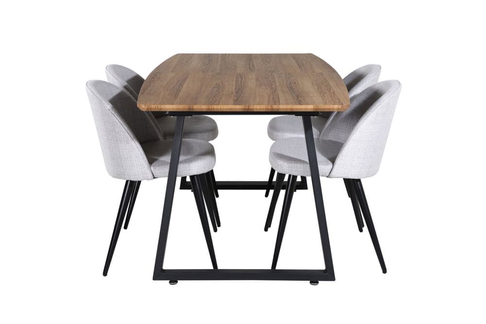 IncaNABL matgrupp matbord utdragbart bord längd cm 160 / 200 el träd dekor och 4 Velvet matstola ljusgrått, svart.