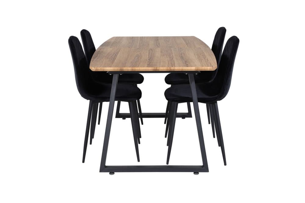 IncaNABL matgrupp matbord utdragbart bord längd cm 160 / 200 el träd dekor och 4 Polar Diamond matstola velour svart.