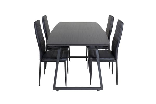 IncaBLBL matgrupp matbord utdragbart bord längd cm 160 / 200 svart och 4 Slim High Back matstola PU konstläder svart.