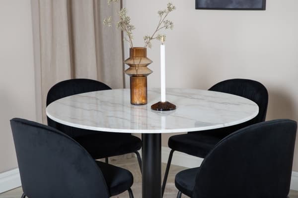 EstelleØ106WHBL matgrupp  vit, marmor och 4 Wrinkles matstola velour svart.