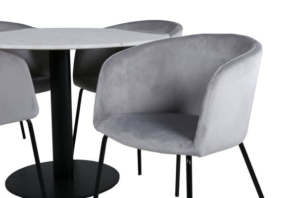 EstelleØ106WHBL matgrupp  vit, marmor och 4 Berit matstola velour grå.