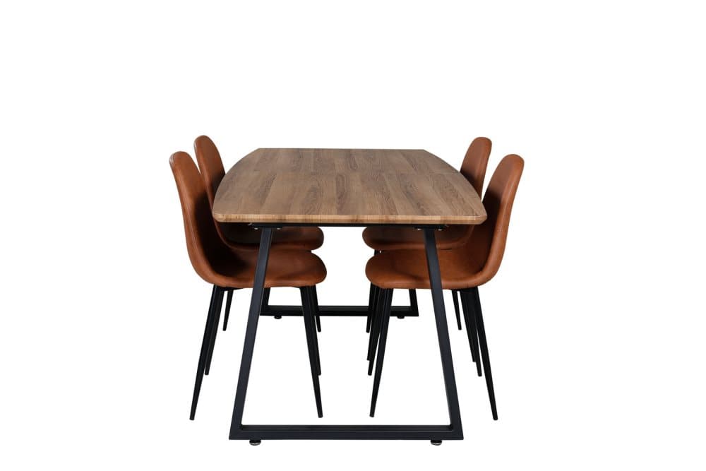 IncaNABL matgrupp udtræksbord længde cm 160 / 200 el träd dekor och 4 Polar matstola PU konstläder brun.