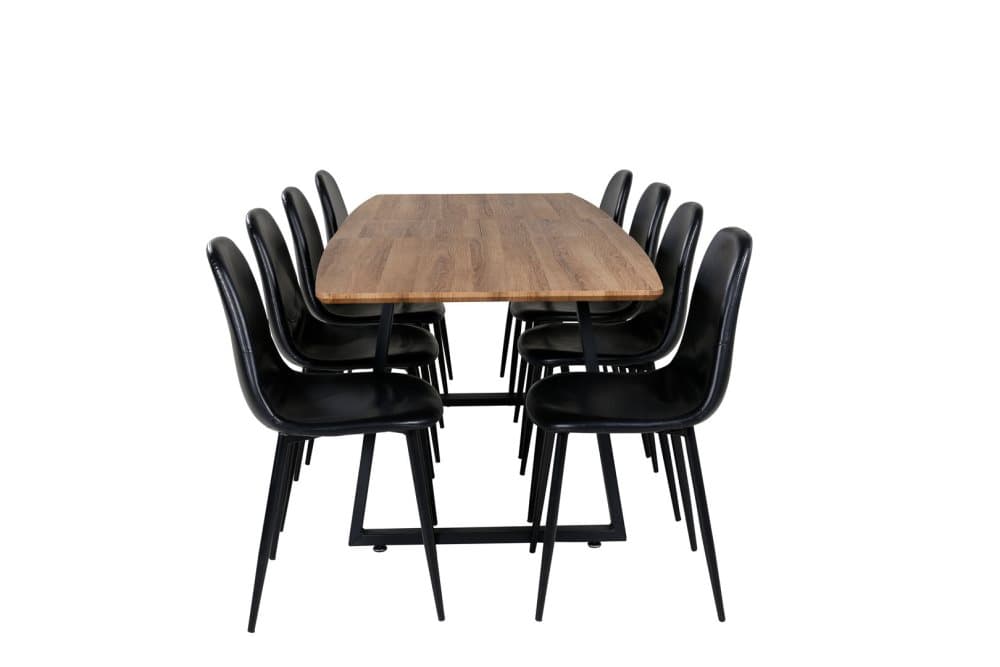IncaNABL matgrupp matbord utdragbart bord längd cm 160 / 200 el träd dekor och 8 Polar matstola PU konstläder svart PU konstläder.