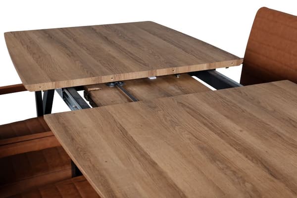 IncaNABL matgrupp matbord utdragbart bord längd cm 160 / 200 el träd dekor och 4 Art matstola PU konstläder brun.