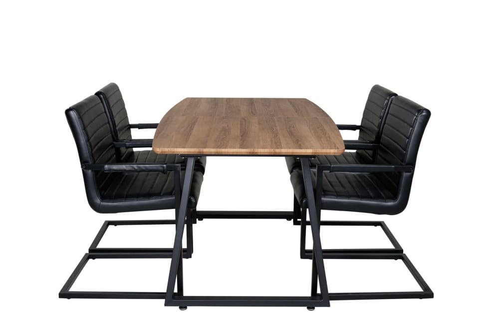 IncaNABL matgrupp matbord utdragbart bord längd cm 160 / 200 el träd dekor och 4 Art matstola PU konstläder svart.