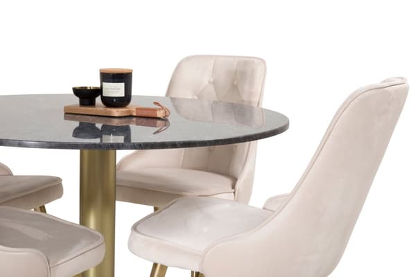 EstelleØ106BLBR matgrupp svart, marmor och 4 Velvet Deluxe matstola velour beige, mässing dekor.