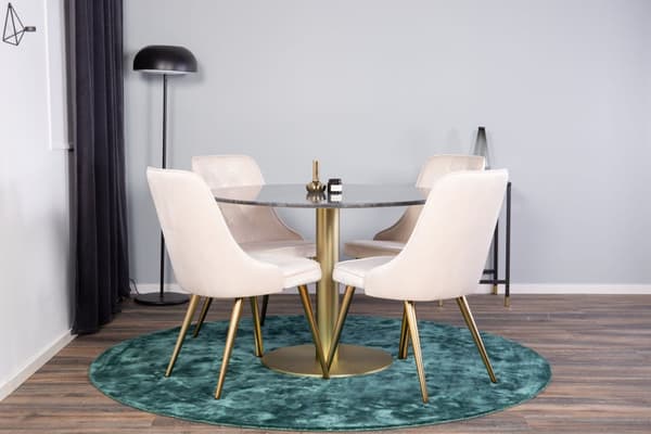 EstelleØ106BLBR matgrupp svart, marmor och 4 Velvet Deluxe matstola velour beige, mässing dekor.