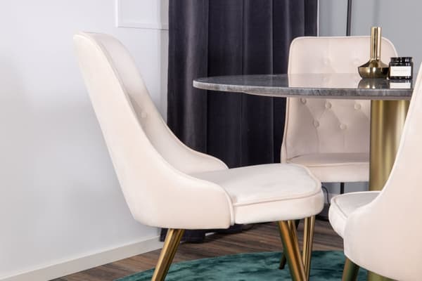 EstelleØ106BLBR matgrupp svart, marmor och 4 Velvet Deluxe matstola velour beige, mässing dekor.