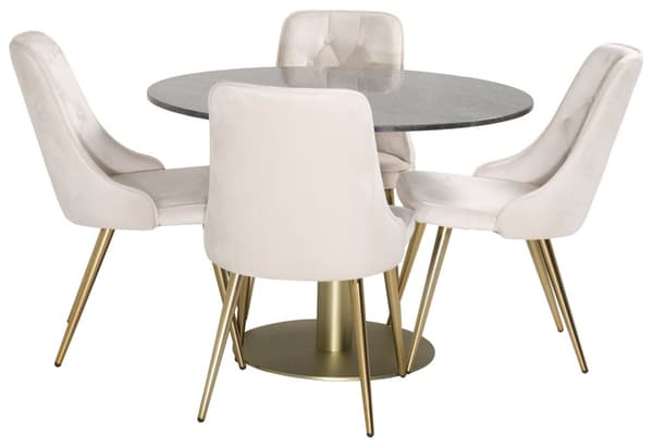 EstelleØ106BLBR matgrupp svart, marmor och 4 Velvet Deluxe matstola velour beige, mässing dekor.