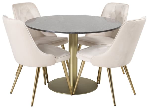 EstelleØ106BLBR matgrupp svart, marmor och 4 Velvet Deluxe matstola velour beige, mässing dekor.
