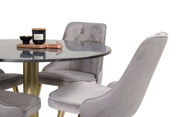 EstelleØ106BLBR matgrupp svart, marmor och 4 Velvet Deluxe matstola velour ljusgrått, mässing dekor.