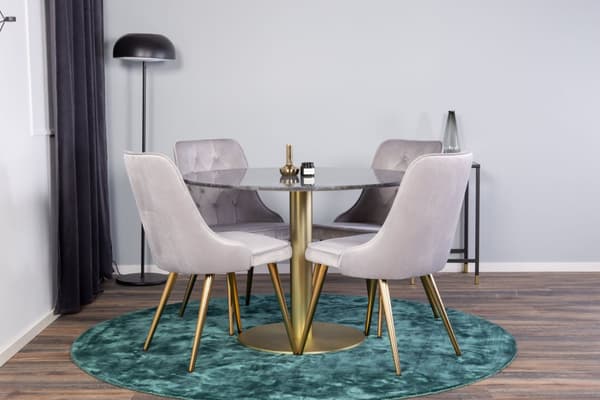 EstelleØ106BLBR matgrupp  svart, marmor och 4 Velvet Deluxe matstola velour ljusgrått, mässing dekor.