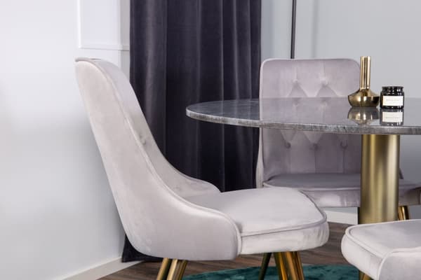EstelleØ106BLBR matgrupp svart, marmor och 4 Velvet Deluxe matstola velour ljusgrått, mässing dekor.
