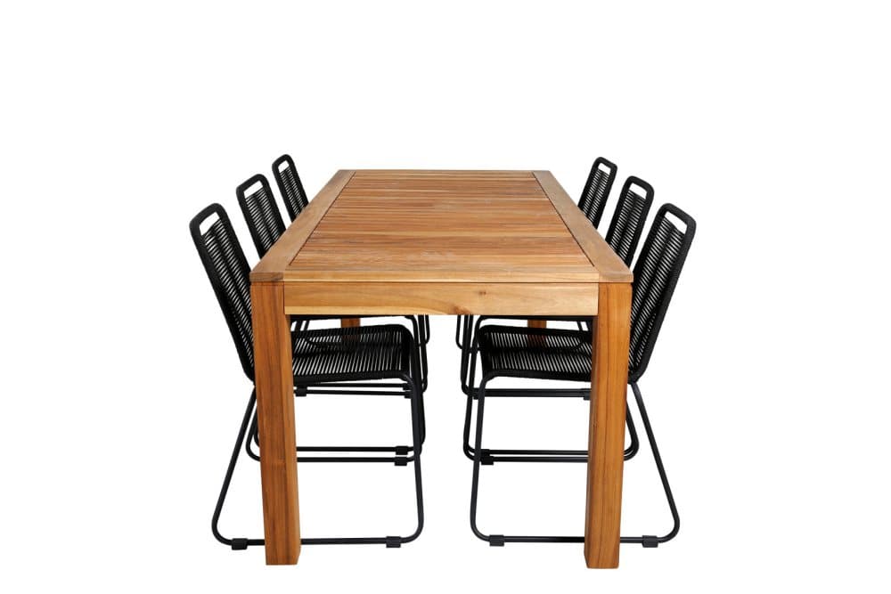 Peter Trädgårdset bord 90x200cm och 6 stole stapelS Lindos svart, natur.