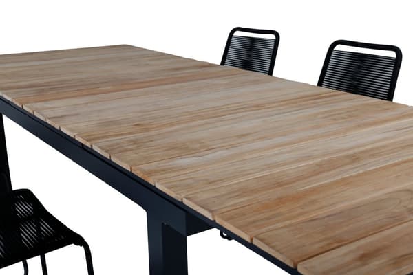 Mexico hagesett bord 90x160/240cm og 6 stoler stableS Lindos svart, natur.