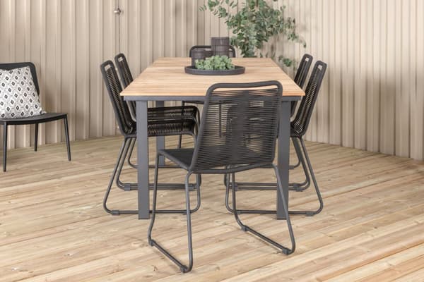 Mexico hagesett bord 90x160/240cm og 6 stoler stableS Lindos svart, natur.