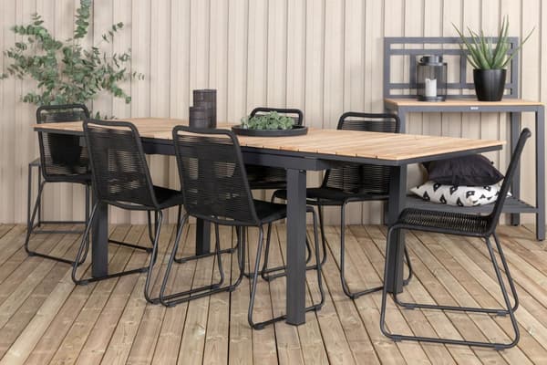 Mexico hagesett bord 90x160/240cm og 6 stoler stableS Lindos svart, natur.