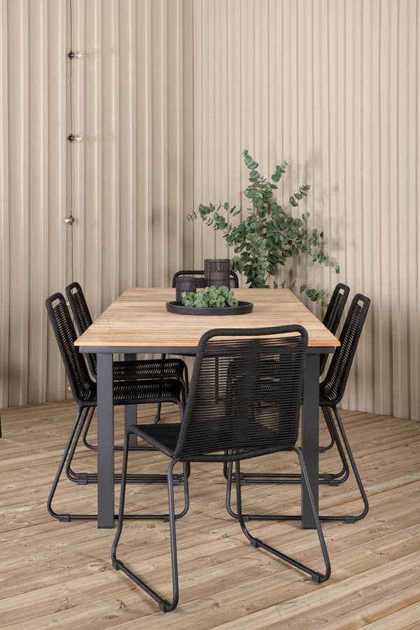 Mexico hagesett bord 90x160/240cm og 6 stoler stableS Lindos svart, natur.