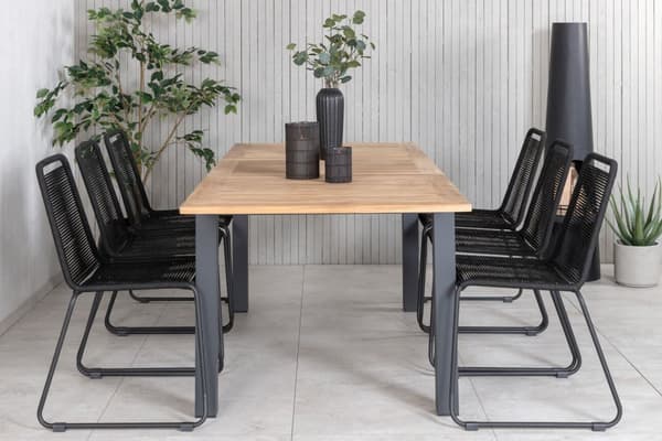 Panama hagesett bord 90x152/210cm og 6 stoler stableS Lindos svart, natur.