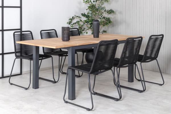 Panama hagesett bord 90x152/210cm og 6 stoler stableS Lindos svart, natur.