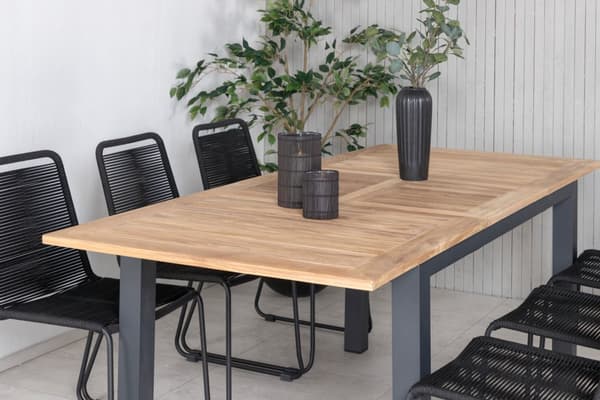 Panama hagesett bord 90x152/210cm og 6 stoler stableS Lindos svart, natur.