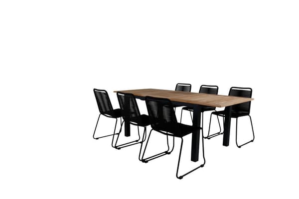 Panama hagesett bord 90x152/210cm og 6 stoler stableS Lindos svart, natur.