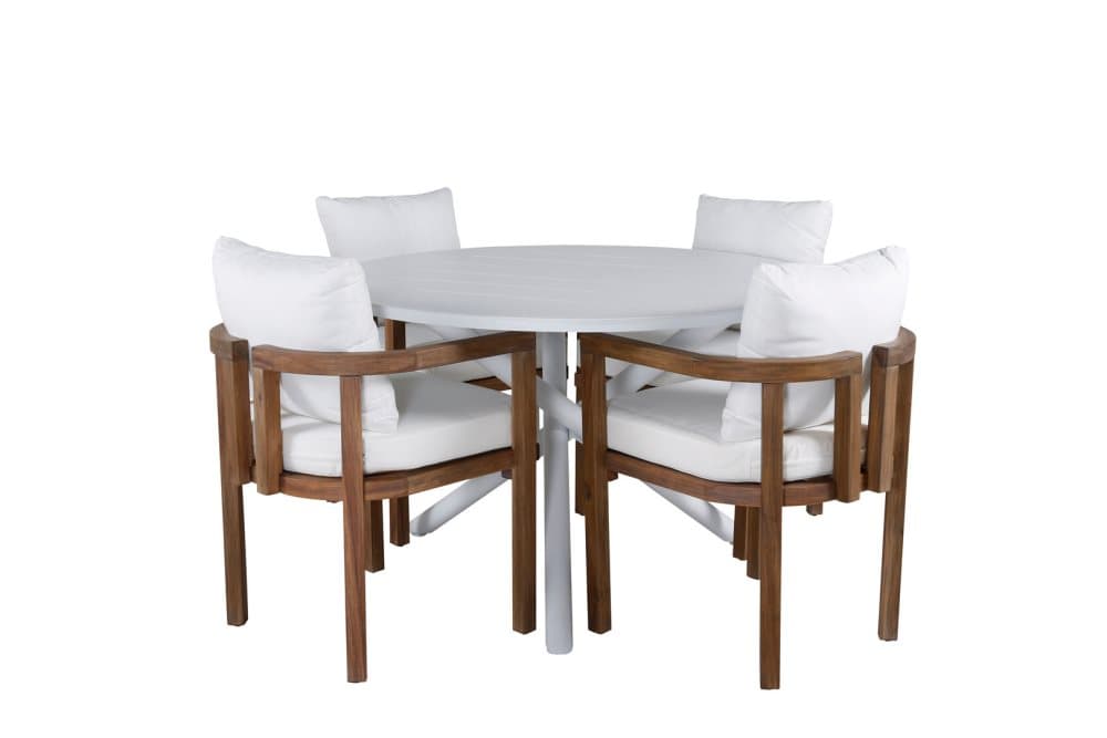 Alma Trädgårdset bord Ø120cm och 4 stole Erica natur, vit.