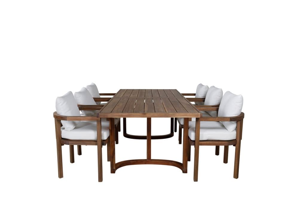 Erica Trädgårdset bord 100x214cm och 6 stole Erica natur, vit.