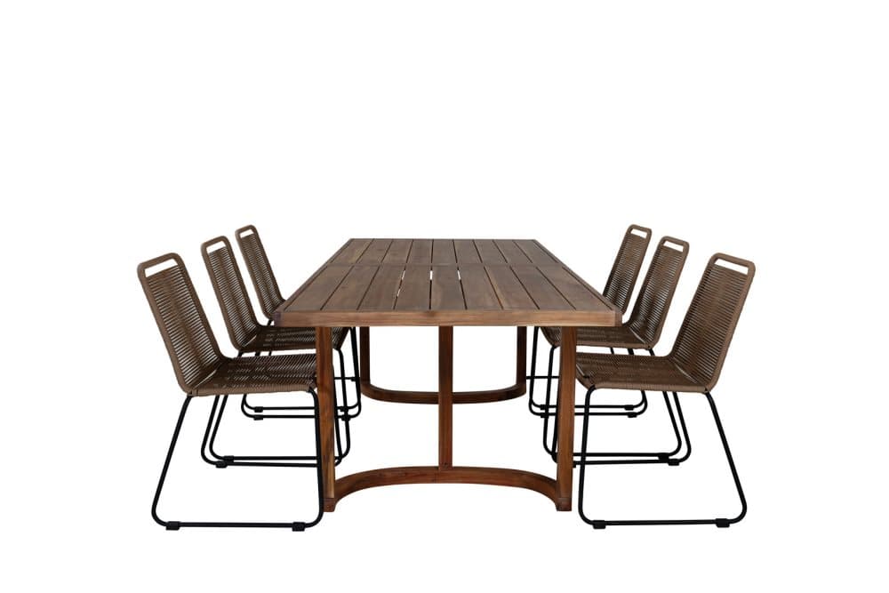 Erica Trädgårdset bord 100x214cm och 6 stole stapelL Lindos svart, natur.