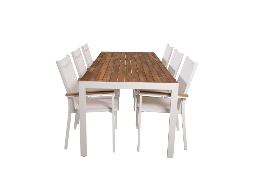 Bois Trädgårdset bord 90x205cm och 6 stole Texas vit, natur.