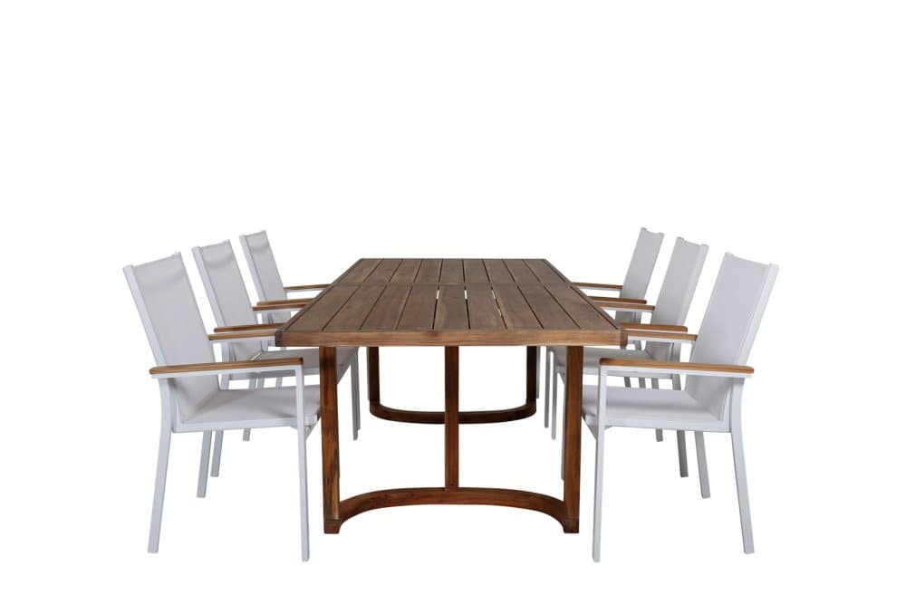 Erica Trädgårdset bord 100x214cm och 6 stole Texas vit, natur.