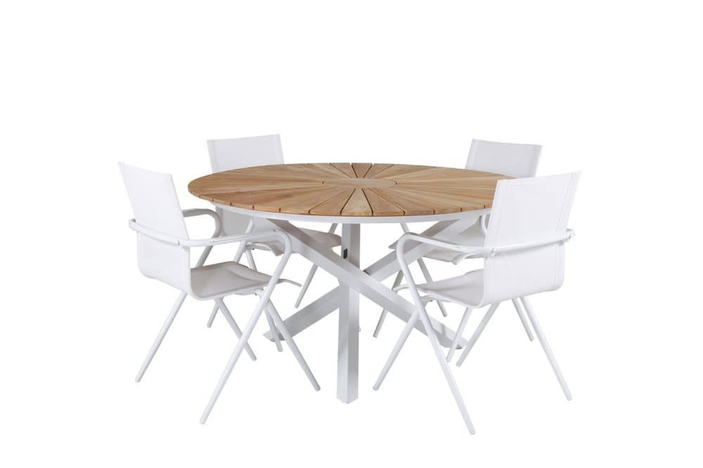 Mexico Trädgårdset bord Ø140cm och 4 stole Alina vit, natur.