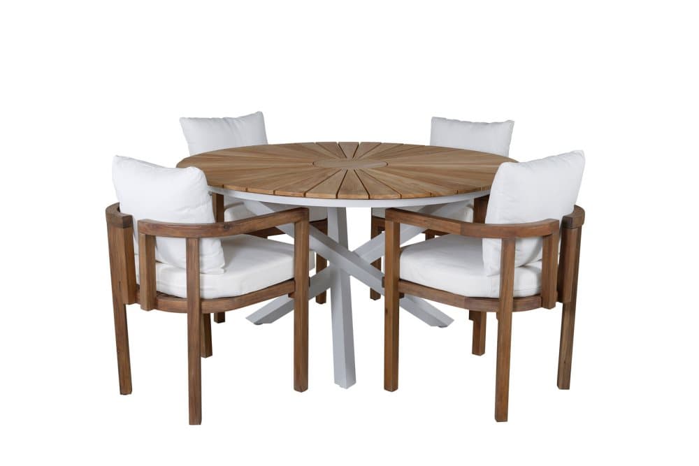 Mexico Trädgårdset bord Ø140cm och 4 stole Erica natur, vit.