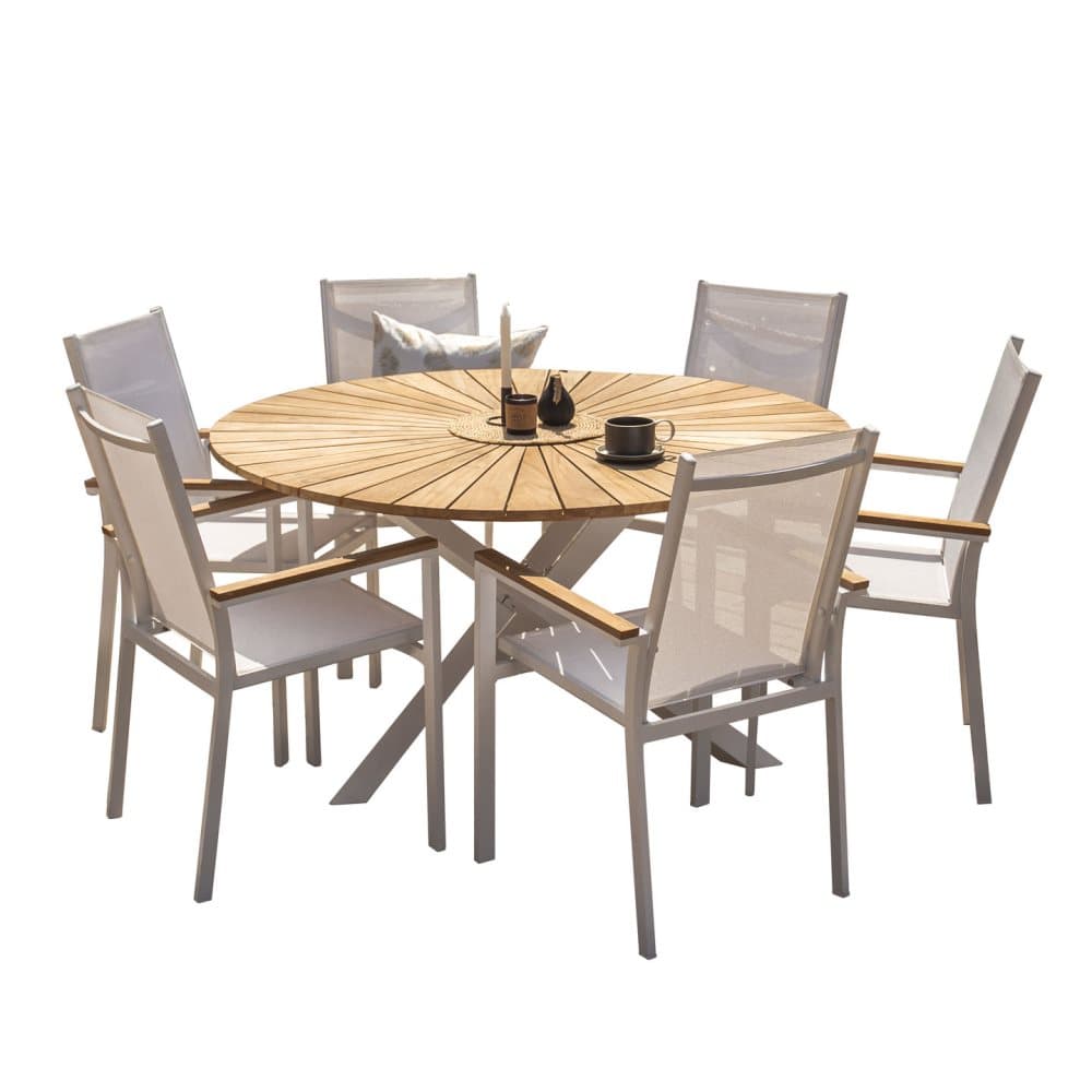 Mexico Trädgårdset bord Ø140cm och 6 stole Texas vit, natur.