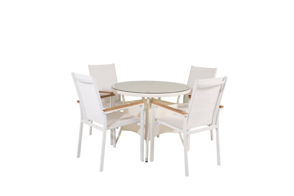 Volta Trädgårdset bord Ø90cm och 4 stole Texas vit.