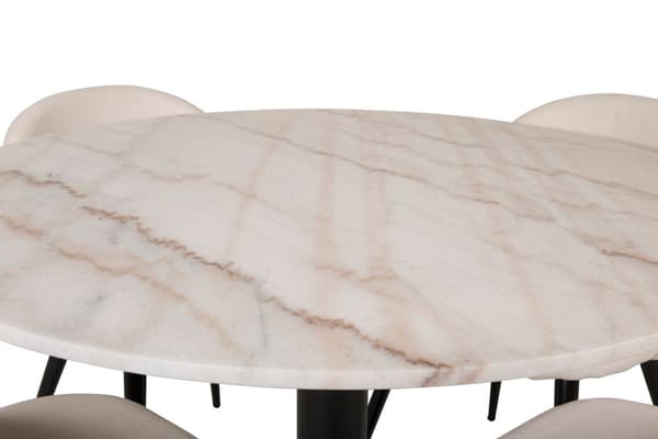 EstelleØ106WHBL matgrupp  vit, marmor och 4 Velvet matstola sammet beige, svart.