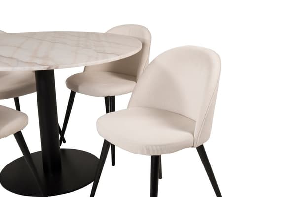 EstelleØ106WHBL spisegruppe spisebord hvit, marmor og 4 Velvet spisestuestoler fløyel beige, svart.