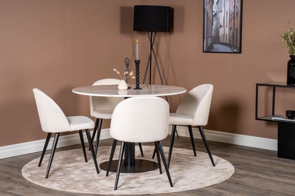 EstelleØ106WHBL spisegruppe spisebord hvit, marmor og 4 Velvet spisestuestoler fløyel beige, svart.