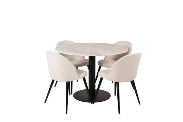 EstelleØ106WHBL spisegruppe spisebord hvit, marmor og 4 Velvet spisestuestoler fløyel beige, svart.
