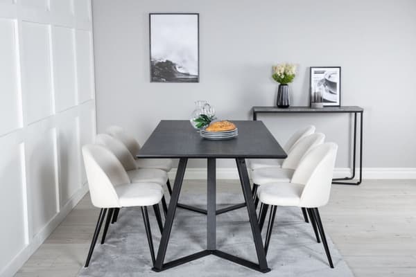 MarinaBLBL spisegruppe spisebord svart og 6 Velvet spisestuestoler fløyel beige, svart.